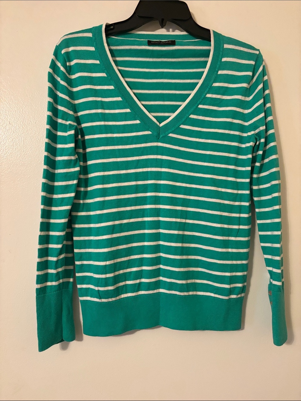 Banana Republic Green and White Striped V-Neck Sweater